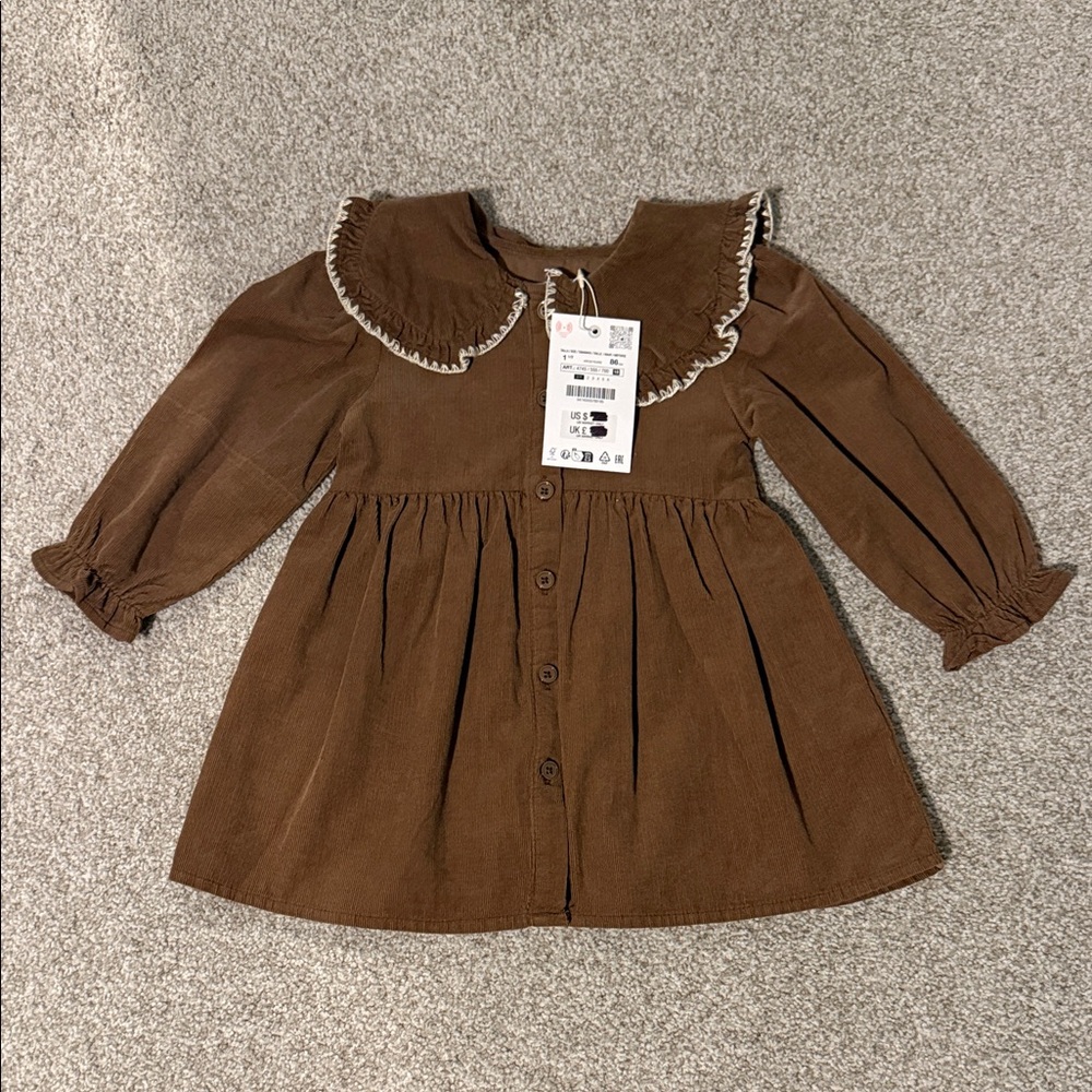 NWT Zara Brown Corduroy Kids Dress with Cream Trim